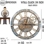 The Original Real Moving Gear Wall Clock Vintage Industrial Oversized Rustic Farmhouse (24 inch (60cm), Vintage Aqua Green and Bronze)