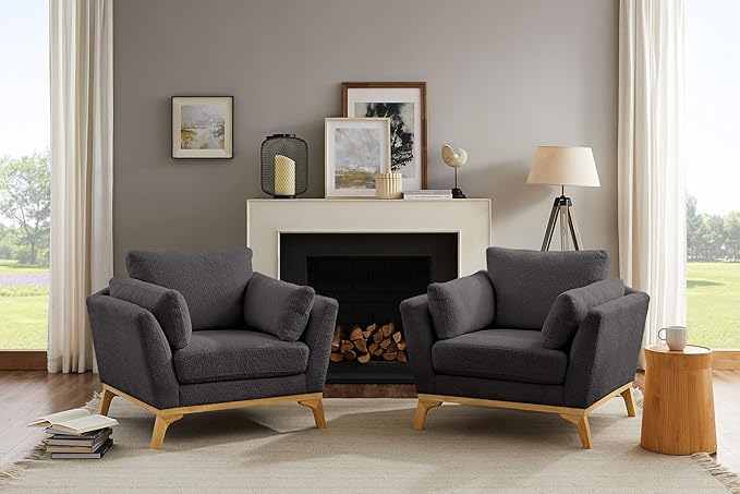 Large-Sized Accent Chair, Thick Cushion Bedroom Reading Chair, Comfortable Living Room Single Sofa， Boucle Dark Gray