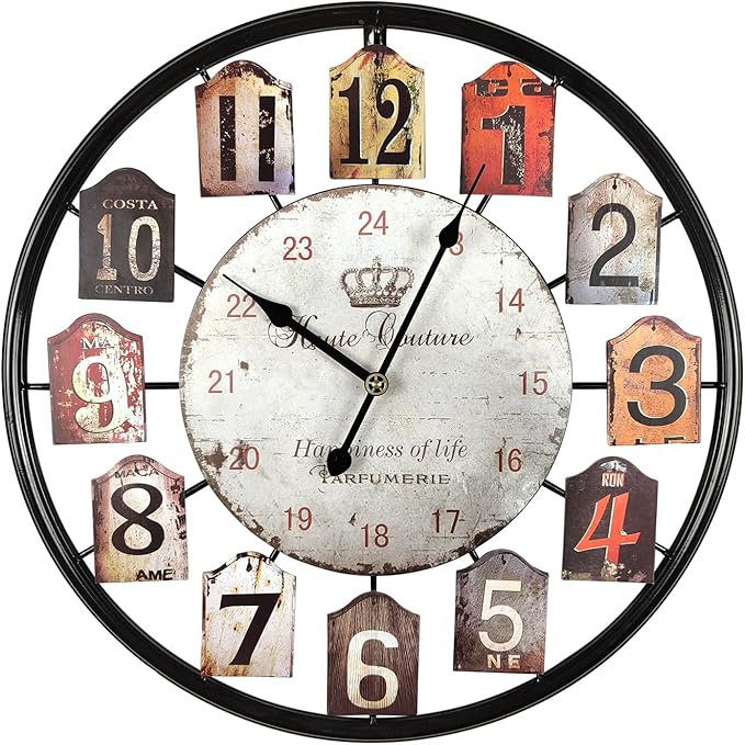 Large Wall Clock Separate Retro Dial Decorative Silent Non Ticking 20 Inch Big Vintage Farmhouse Clocks for Living Room,Black Metal Frame
