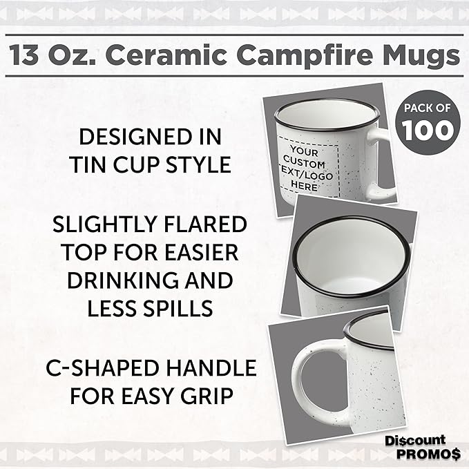 DISCOUNT PROMOS Custom Ceramic Campfire Coffee Mugs 13 oz. Set of 100, Personalized Bulk Pack - Perfect for Tea, Espresso, Cappuccino, Hot Cocoa - White