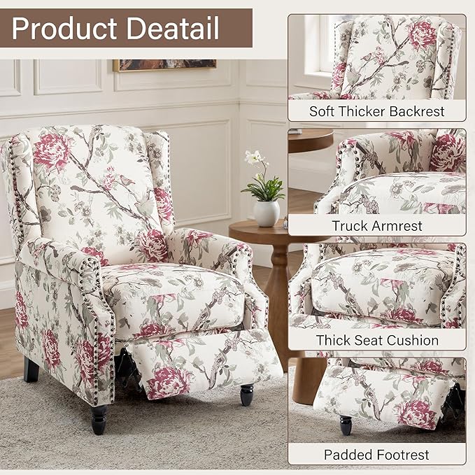 UIXE Recliner Chairs Set of 2, Fabric Armchair Upholstered Pushback Accent Chair for Living Room, Rivet Trim Club Chair Home Theater Single Sofa Bedroom Side Reading Seat - Beige Floral