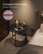 VASAGLE Side Table with Charging Station, Round End Table with Fabric Basket, Nightstand with Power Outlets, USB Ports, for Living Room, Bedroom, Modern, Ebony Black and Slate Gray ULET228B01