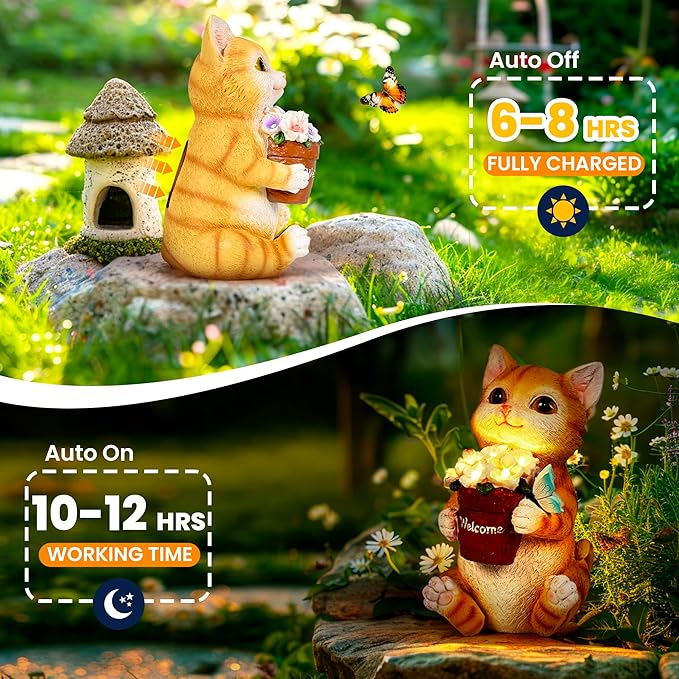 GIGALUMI Solar Garden Decor Flower Pot Cat Statues Outdoor, Birthday Gifts for Women Mom Grandma Senior Elder, Cat Ornament for Balcony, Garden, Patio, Yard, Lawn