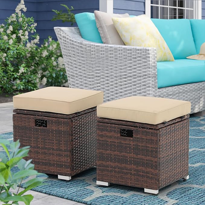 Patiorama 2 Piece Outdoor Patio Ottomans, All-Weather Brown PE Rattan Wicker Ottoman with Storage, Outdoor Footrest Footstool Seat w/Thick Cushion, Built-in Handle for Backyard Poolside Porch (Beige)