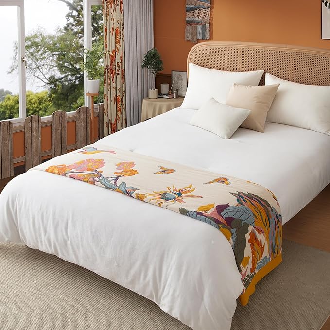 Boho Throw Blanket Full Size, Extra Large Soft Cozy Cotton Muslin Quilt Blanket for Bed Decor, Floral Patterned Couch Sofa Chair Cover, Vintage Farmhouse Cottage Woven Blanket, Yellow&Blue