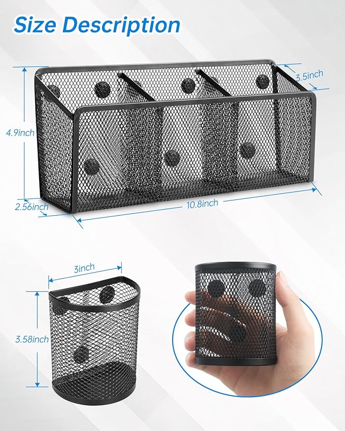 VICNOVA Magnetic Pencil Holder - Metal Pen Holder with Strong Magnets - Storage Basket Organizer for Whiteboard, Refrigerator, Locker Accessories