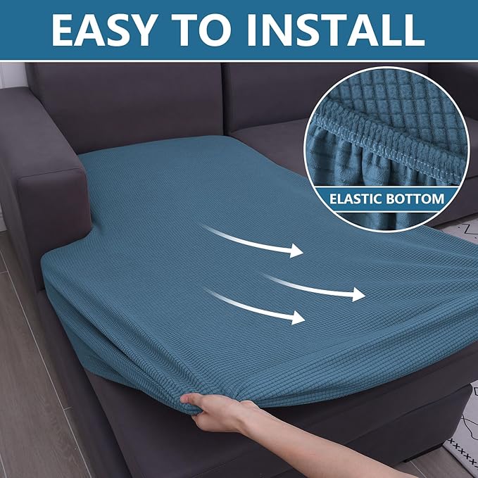 hyha Waterproof Sectional Couch Covers, Non Slip Sofa Couch Cushion Covers L Shape, Thick Stretch Jacquard Fabric, Washable Sofa Slipcovers with Elastic Bottom (1 Piece for Chaise, Blue)