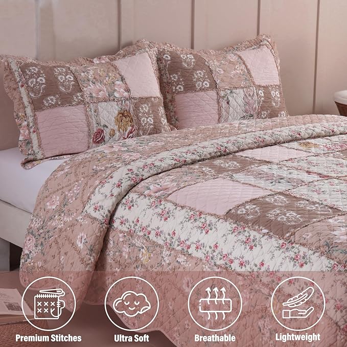 NEWLAKE Quilt Set Queen Size, Cotton Patchwork Pink Floral Quilt Sets, Real Stitched Embroidery Bedspread Lightweight and Breathable for All Seasons, Soft Quilted with 2 Pillow Shams