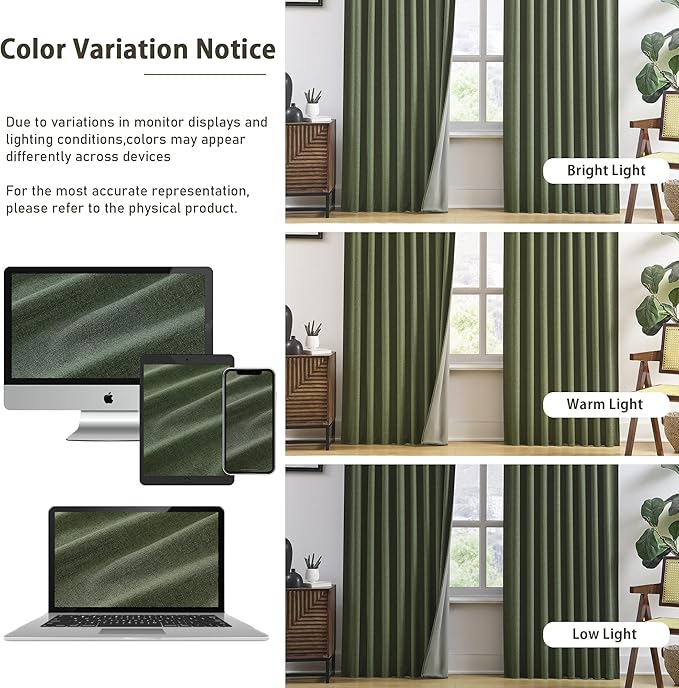 RAIN CITY Dark Olive Green Blackout Curtains 96 Inch Long with Hooks 2 Panels Set, Back Tab Drapes with Grey Backing for Track System, Modern Window Curtains for Bedroom- Loden/Olive Forest 50x96
