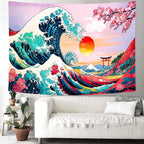 Delur Great Wave Tapestry Japanese Sunset Ocean Sea Wave Off Kanagawa Tapestry Wall Hanging Vintage Asian Anime Cherry Blossom Nature Headboard for Bedroom Living Room Home Decor (59.1" x 78.7")