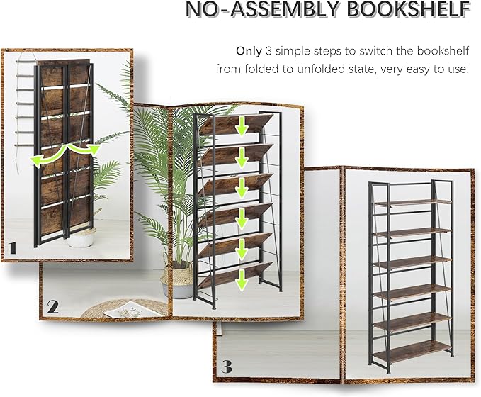 4NM No Assembly Foldable Bookshelf, 6-Shelf Collapsible Bookcase Storage for Small Spaces, 74" H, Rustic Brown and Black