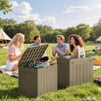 JUMMICO 31 Gallon Resin Deck Box Waterproof Indoor Outdoor Storage Boxes for Patio Furniture Cushions and Garden Tools (Light Brown, 31gallon-2 Packs)