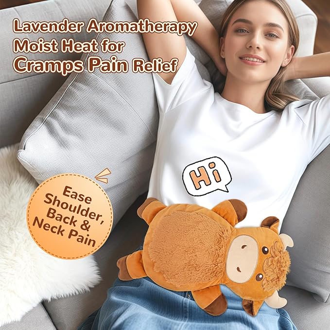 Microwave Heating Pad for Pain Relief, 16" x 11" Microwavable Heating Pads for Cramps, Back Pain, Neck Shoulder, Muscles, Knee, Joints, Natural Heat Pack Moist Heat, Highland Cow with Round Eyes
