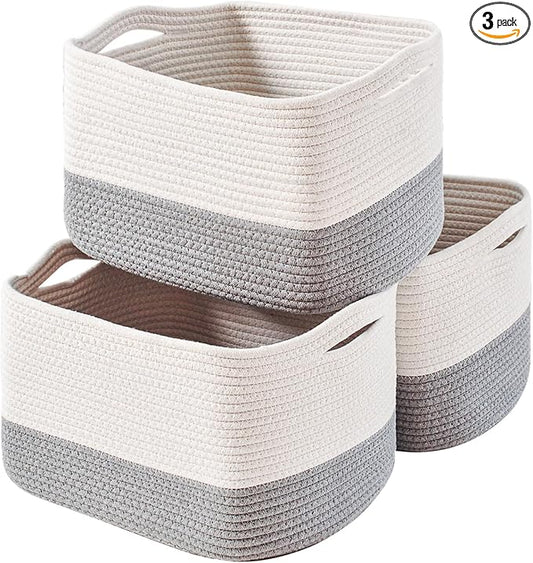 Storage Baskets for Organizing Shelves, Woven Cotton Rope Bins for Baby Nursery Organization, Book Toy Towel Organizer, 15"x11"x9.5", 3 Packs, Off White & Grey