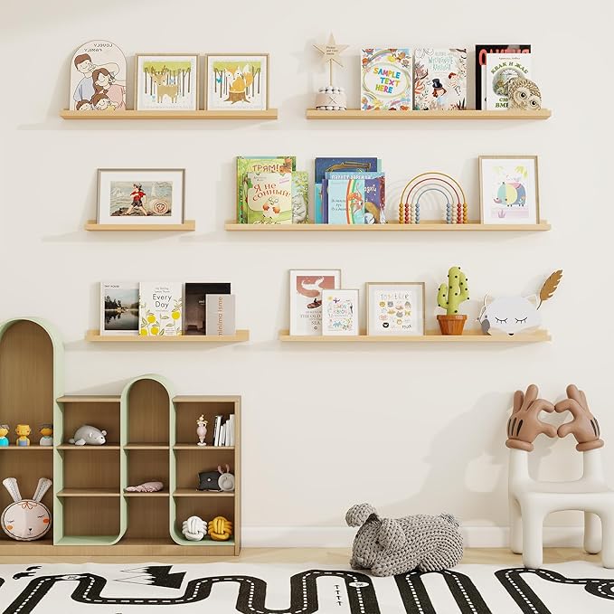 Picture Ledge Shelf, Solid Pine Wood Floating Shelves Set of 4, 16 Inches Nursery Book Shelves for Toys Storage, Kids Bookshelf Wall Mounted for Living Room Decor Photo Frames, Unfinished Natural