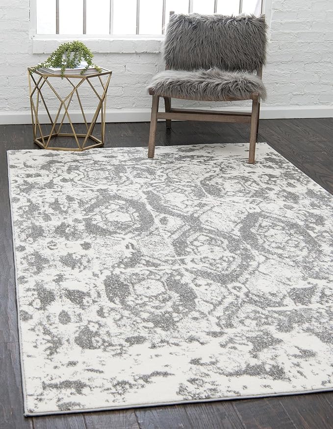 Unique Loom Rosso Collection Vintage, Geometric, Bohemian, Traditional, Distressed, Southwestern Area Rug, Rectangular 5' 0" x 8' 0", Light Gray/Ivory