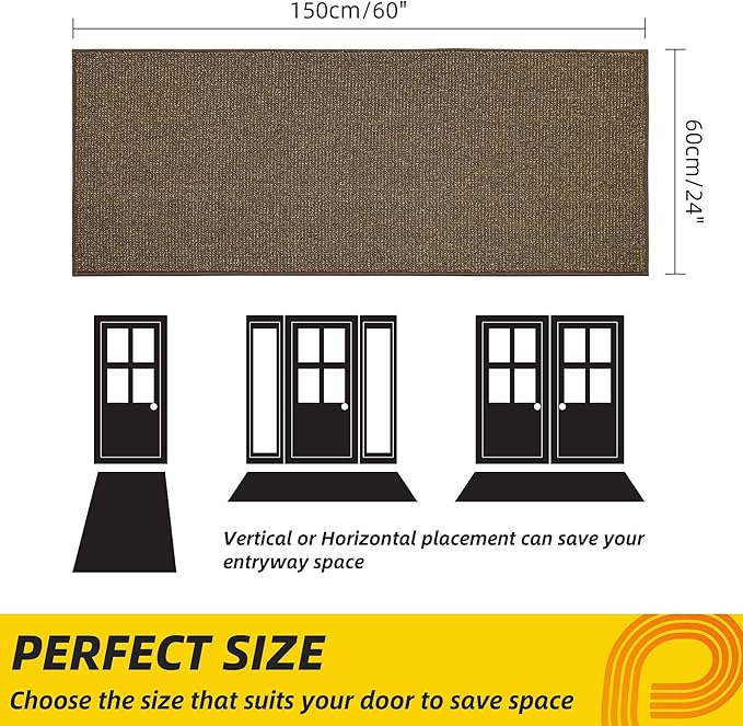 JSEI Dirt Trapper Door Mat 24"x60" Non-Slip Washable Entrance Mat, Dog Doormats, Absorbent & Fade-Resistant Floor Mats, Low Profile Welcome Mats for Entryway, Front Door, and Inside Entrance, Brown