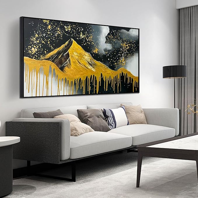 Gold Mountains Painted Wall Art for Living Room - Hand Painted Abstract Wall Art for Office - Black Framed Wall Art for Bedroom Size 29" x 59"