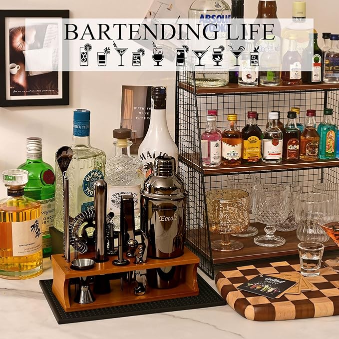 Bartender Kit Cocktail Shaker Set with Stand Bar Tool Bar Set for Drink Mixing Home Bartending Kit 17-Piece Bar Cart Accessories: Martini Shaker, Mixer Spoon, Jigger, Muddler, Strainer & Recipes Gifts