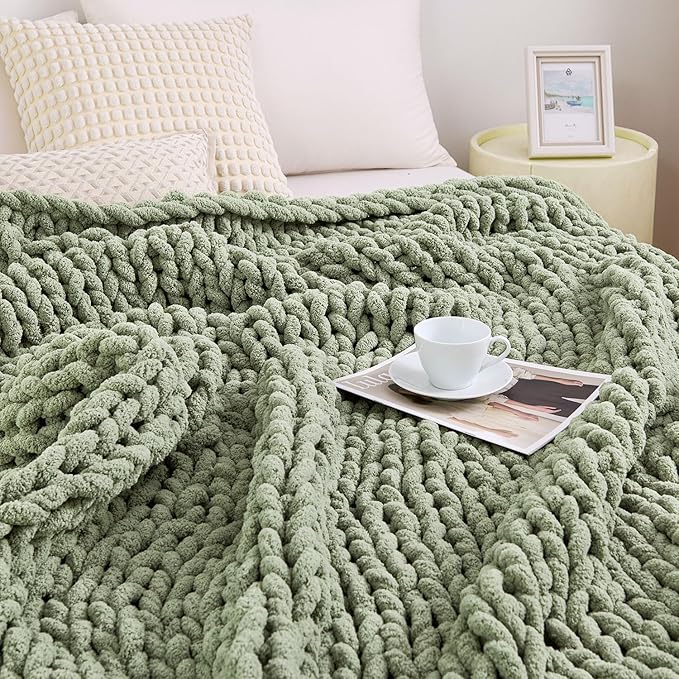 Admitrack Chunky Knit Blanket Throw, 100% Hand Knit Chenille Throw Blanket for Sofa & Home Decor, Soft and Cozy Knitted Throw Blankets (Sage Green，51"x63")