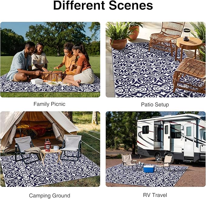 OLANLY Outdoor Rug Waterproof 5x8 ft Clearance, Reversible Outdoor Plastic Straw Rug with Floral Pattern, RV Mat for Patio, Camping, Balcony, Deck, Backyard, Navy & White