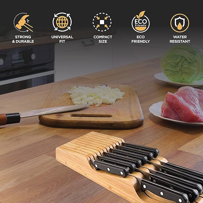 In-Drawer Knife Block - Bamboo Knife Drawer Organizer for Kitchen - Fits 5 Long + 6 Short Knives - Store Knives with Blades Pointing Down - Wooden Steak knife Holder without Knives - Chef Gift Idea