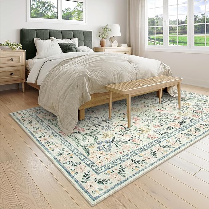 Wonnitar Washable Area Rugs 5x7, Soft Floral Bedroom Area Rug, Washable Carpet 5x7 Non Slip, Boho Flower Print Beige Carpets for Living Room Bedside Dining Room