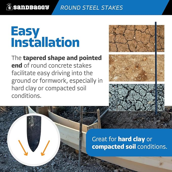 Sandbaggy Round Steel Concrete Form Stakes with Nail Holes - Rust Resistant Coating - Removable, Reusable (5, 3/4 in X 60 in)