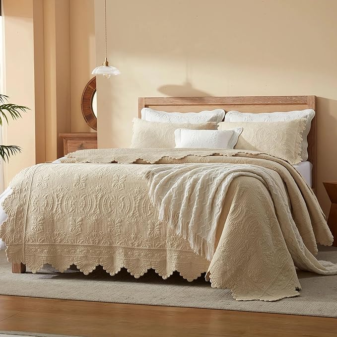 MarCielo 3-Piece 100% Cotton Oversized Bedspread Lightweight Quilt Coverlet Embroidery Farmhouse Bedding Set(TL Beige,Oversized Queen (100"x106"))
