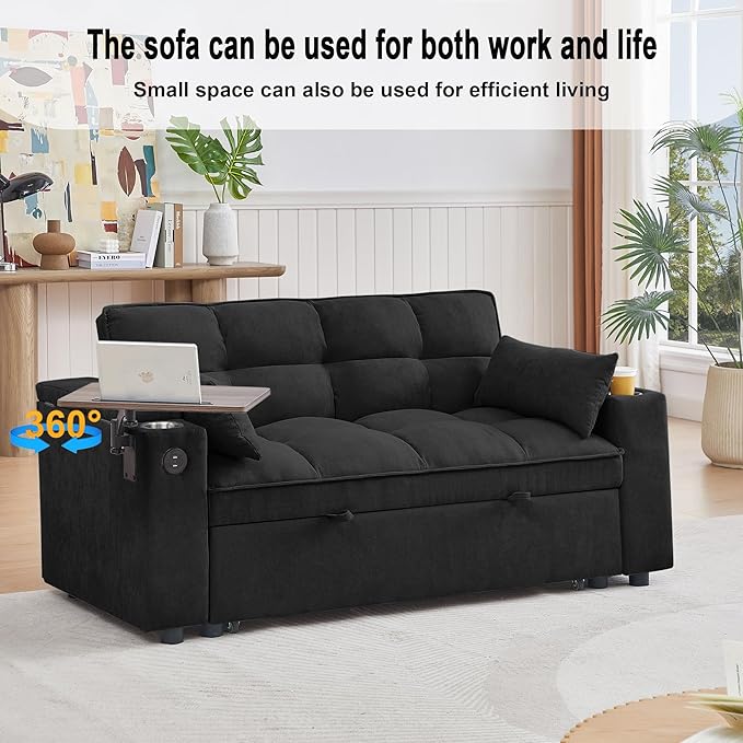 66" Multi-Functional Pull-Out Sofa Bed with Hidden Side Table, Storage Armrests, Built-in Charging Port, Spring Mattress, Solid Wood Frame – Ideal for Small Spaces, Easy Assembly