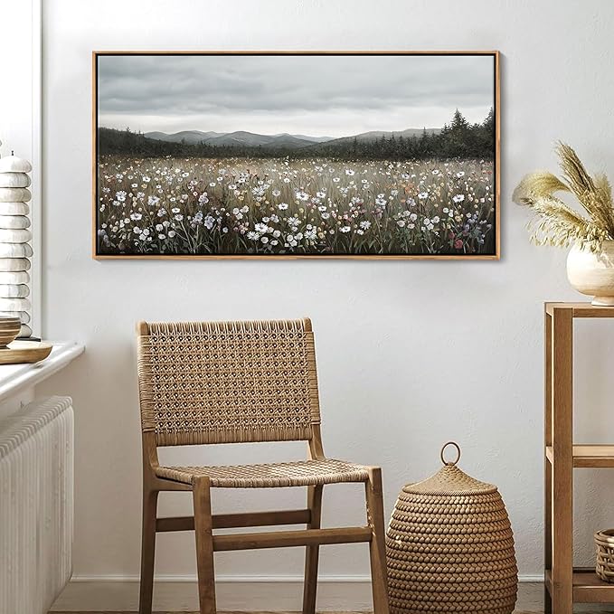 HGUAOA Vintage Framed Floral Landscape Wall Art for Living Room - Large Nature Artwork Above Bed Wall Decor - Farmhouse Mountain Pictures for Bedroom Wall Decor 20×40IN