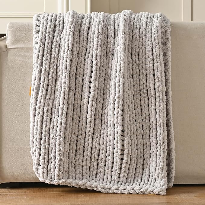 Esterra 100% Hand Knitted Chenille Throw Blanket, Cozy Soft Thick Cable Knit Throw, 40x50 Inches, Light Gray