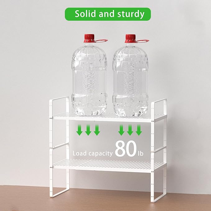 Expandable Cabinet Storage Shelf Stackable Organizer Rack for Kitchen Bathroom Pantry Spice Cupboard Coffee Countertop Home Office Desk Heavy Duty Nonslip White Small 1 Pack