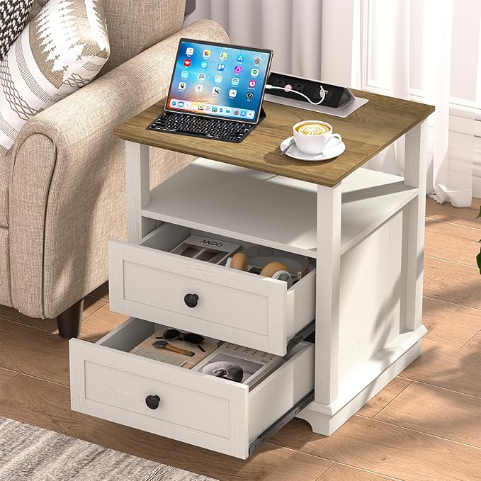HIFYOBRO End Table with Flip Top Charging Station and 2 Drawers, Type-C & USB Port & Power outlets, Wooden Storage Cabinet, Large Side Table with Storage for Living Room and Bedroom (White)