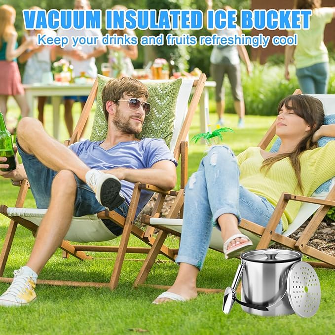 meekoo 3 L Double Wall Insulated Stainless Steel Ice Bucket with Lid, Scoop, Strainer, Handle Large Wine Ice Bucket Upgraded Cover Keep Frozen Longer for Cocktail Bar Parties(Silver)