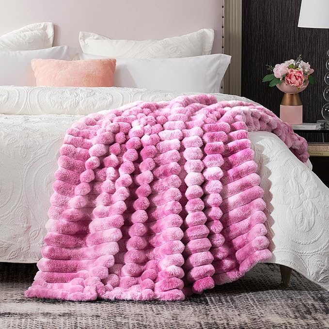 Cozy Bliss Faux Fur Throw Blanket for Couch, Cozy Warm Plush Striped Blanket for Sofa Bedroom Living Room,50 * 60 Inches Tie-dye Pink