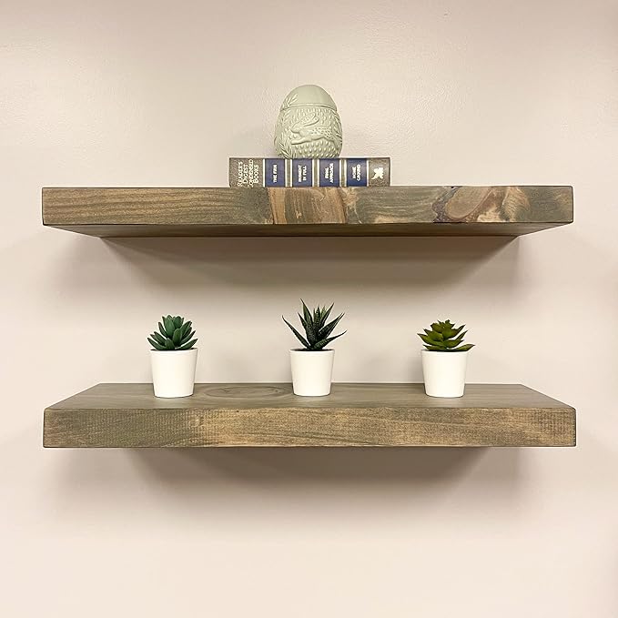 URBANDI, Rustic Floating Shelves, Set of 2, Hidden Bracket, Solid Wood, Heavy Duty, Wall Mounted Shelves, (Grey, 48Wx12D)