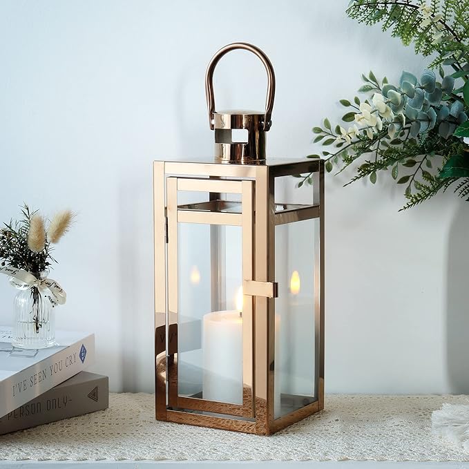 TRIROCKS Stainless Steel Decorative Lantern 12'' High Metal Candle Holder with Clear Glass Panels Perfect for Home Decor Living Room Parties Events Tabletop Indoors Outdoors (Rose Gold)