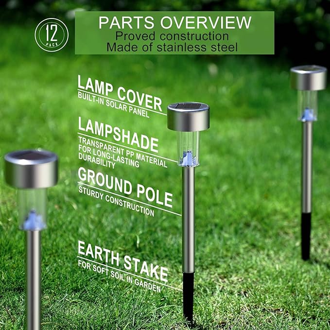 Solar Lights Outdoor Waterproof, , Solar Garden Lights Solar Powered, Stainless Steel LED Landscape Lighting Outdoor Solar Lights for Yard, Pathway, Walkway, Patio , Lawn - 12 Pack (Warm White)