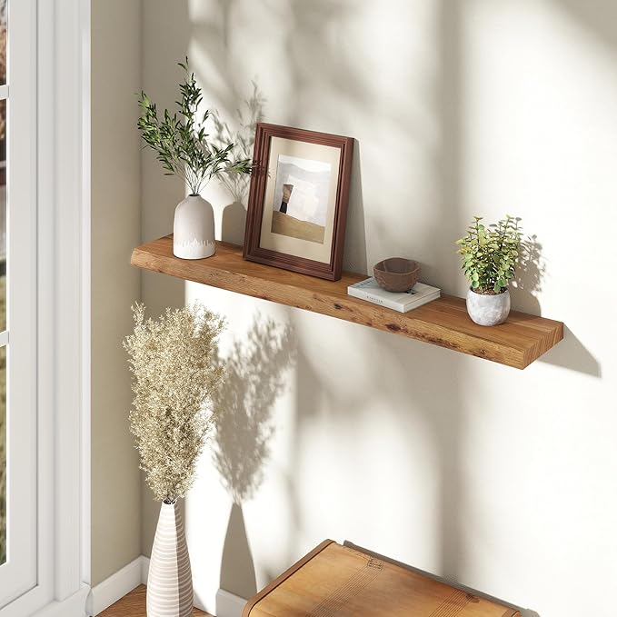 Fun Memories 48" Floating Shelves for Wall, Live Edge Solid Elm Wood Floating Shelf with Invisible Bracket, Wall Mounted Display Wooden Shelves for Bathroom, Kitchen, Bedroom, Natural Color, Set of 1