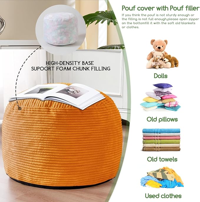 HIGOGOGO Round Stuffed Pouf Ottoman, Corduroy Poufs with Foam Chunk Filling, Furry and Fluffy Pouf Foot Stool Storage Ottoman, 26 X 18 Floor Poufs Foot Rest for Living Room, Orange