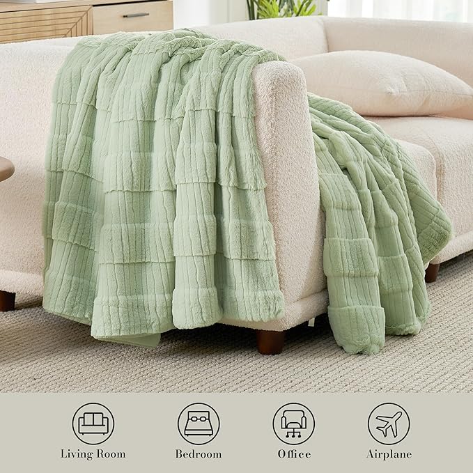 Amélie Home Luxury Striped Faux Fur Throw Blanket for Couch, Embossed Split Fur Cozy Fuzzy Fluffy Luxurious Soft Plush Sofa Chair Bed Gift Blankets for Women Men Wife Friend, 60"x80", Sage Green