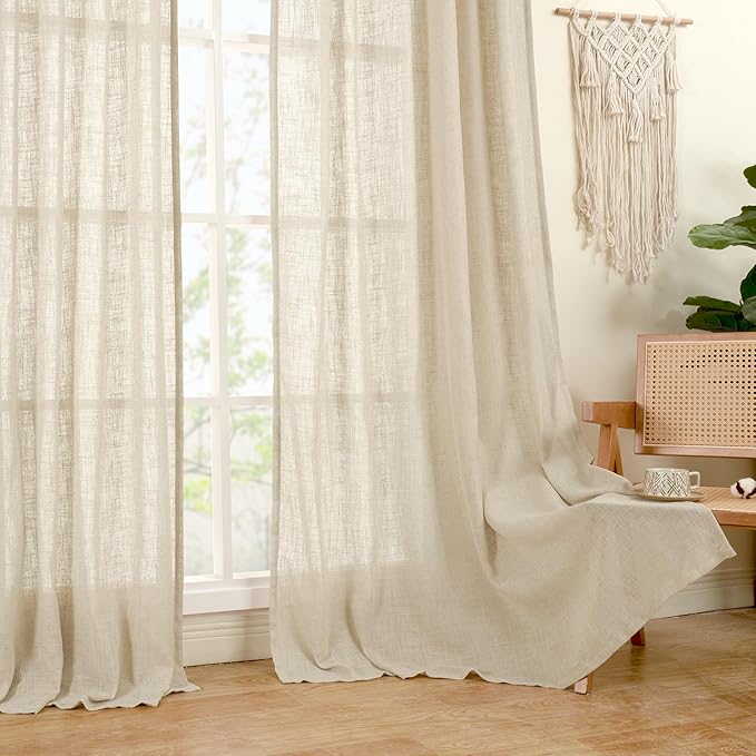 LAMIT Natural Linen Semi Sheer Curtains 48 Inch for Short Windows, Light Filtering Curtains Farmhouse Boho Bronze Grommet Drapes for Kitchen/Loft Room, 2 Panels (34 x 48 Inch, Linen)