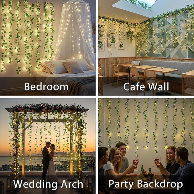 suddus 200 LED Vine with Light Plug in, 6.5ft x 6.5ft Pothos Fairy Curtain Lights with Remote, Leaf Fairy Lights for Wall,Bedroom, Dorm, Wedding, Party, Indoor Decor(Warm White)