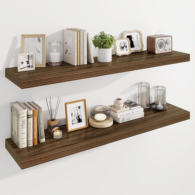 Marsmiles 48" Floating Shelves for Wall, Wooden Shelves with Invisible Brackets Set of 2, Rustic Farmhouse Wall Mounted Shelf for Kitchen Bathroom Living Room Study, Walnut