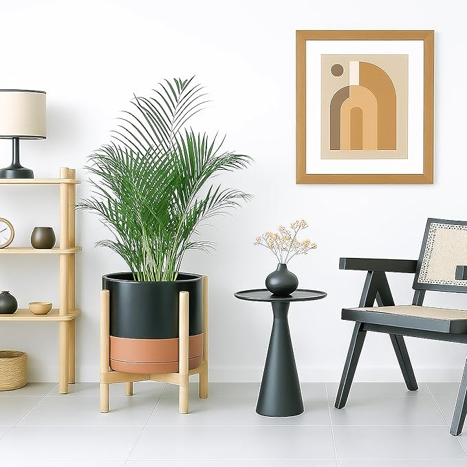 D'vine Dev Ceramic Planter with Natural Stand - 12 Inch Modern Round Flower Pot with Wood Planter Holder, Black/Speckled Tan, 55-B-J-7