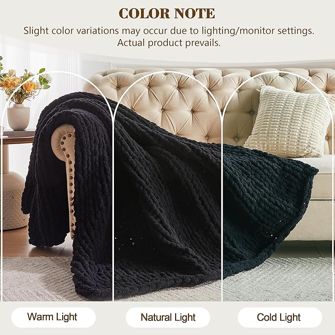 Carriediosa Chunky Knit Throw Blanket 60" X 80" Twin, 100% Hand Made Large Chenille Loop Yarn Soft Fluffy Throws for Couch Sofa Bed, Big Crochet Cozy Heavy Thick Cable Woven Blankets, Black