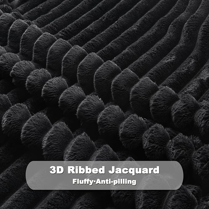 NEWCOSPLAY Super Soft Throw Blanket Black Premium Silky Flannel Fleece 3D Ribbed Jacquard Lightweight Bed Blanket All Season Use (Black Ribbed, Throw(50"x60"))