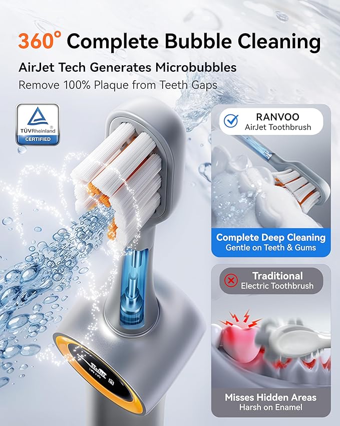 RANVOO [Vibrating & Flossing 2-in-1 AirJet Bubble Sonic Electric Toothbrush, 100% Plaque Removal, Whiter for Adult Protect Gum Orthodontic Teeth Clean Rechargeable Gift with 2 Soft Brush Heads White