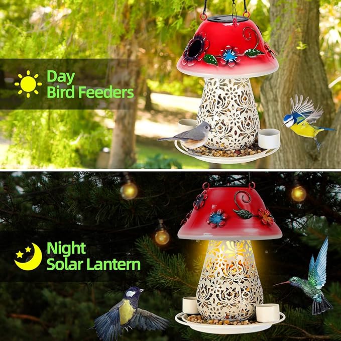 Mushroom Solar Bird Feeders for Outdoors Hanging Metal Wild Bird Feeder Garden Lantern with S Hook for Garden Decoration red